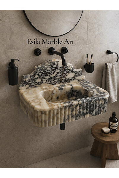 ESİLA MARBLE Lüks Doğal Menekşe Mermer Banyo Lavabosu Duvara Askılı El Yapımı...