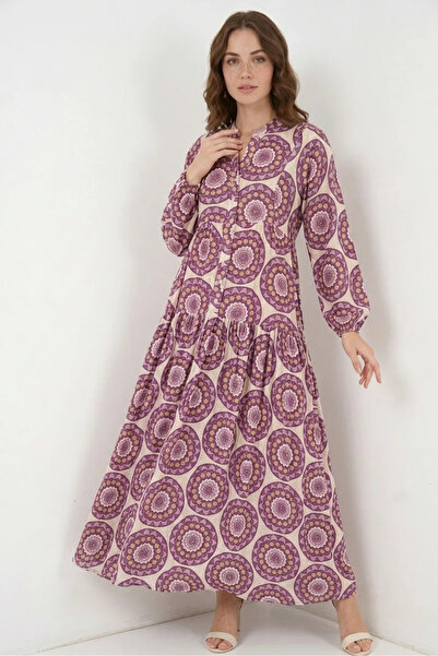 buğrahayalin Women's Hakim Collar Waist Gathered Patterned Viscose B.Lila Hij...