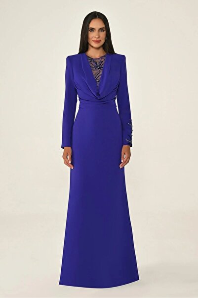 ALFABETA Crepe Long Dress with Sequined Dijage Collar - 7020