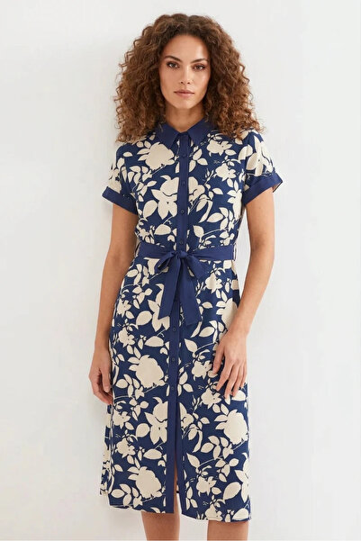 buğrahayalin Women's Shirt Collar Belted Floral Patterned Viscose Navy Blue D...