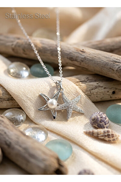stainless steell 316L Steel Chain Silver Color Sea Star Model Zircon Stone Ne...