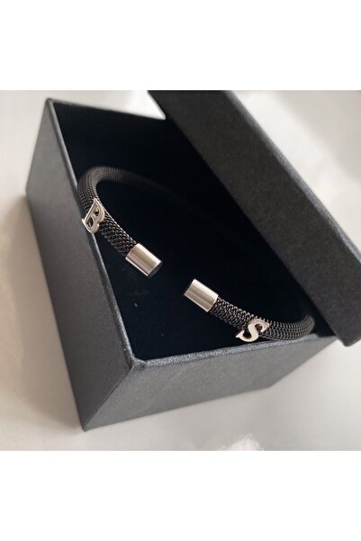 simurg jewellery Gümüş 2 Harfli Siyah Çelik Bileklik