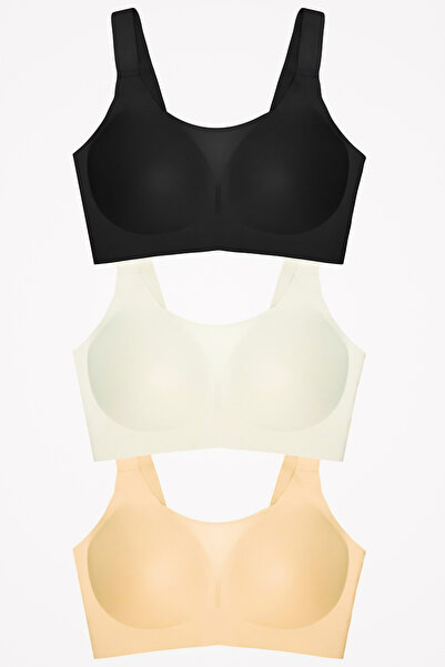 Homay 3-Pack Large Size Tulle Low-Cut Gathering Effect Laser Cut Seamless Bra