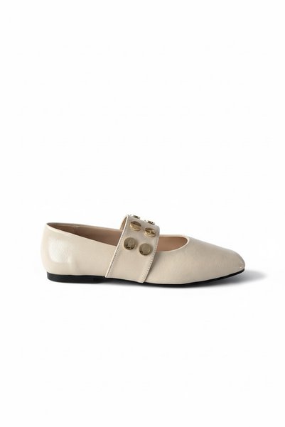 SHOEBELLAS Stey Beige Patent Leather Women's Ballerinas with Gold Buckle Detail