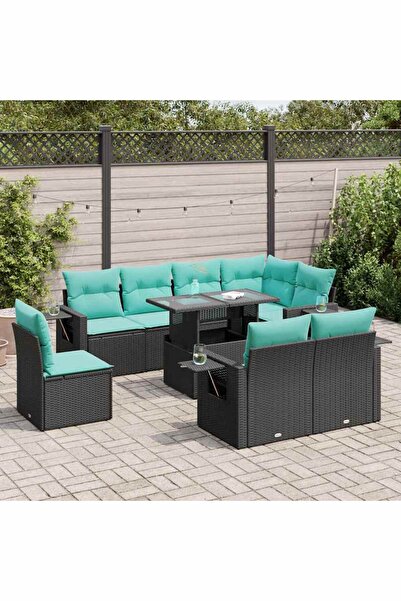vidaxl Set mobilier gradina perne 9 piese negru poliratan/lemn acacia