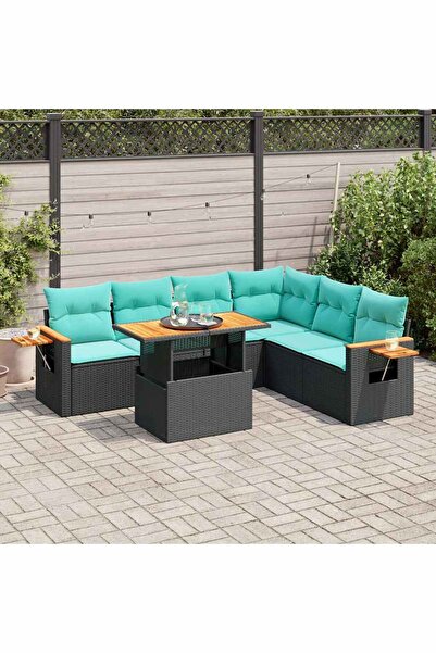 vidaxl Set canapele gradina perne 7 piese negru, poliratan/lemn acacia