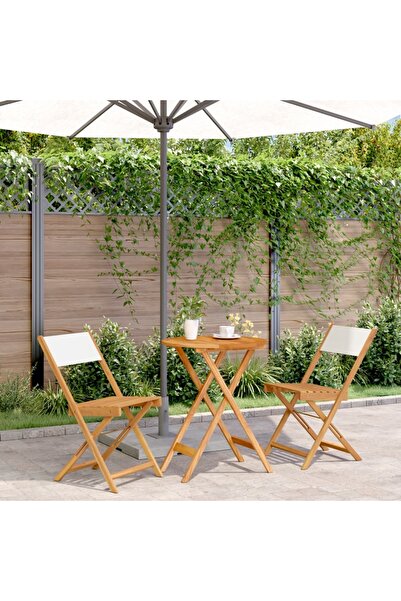 vidaxl Set mobilier bistro, 3 piese, textil alb crem/lemn masiv