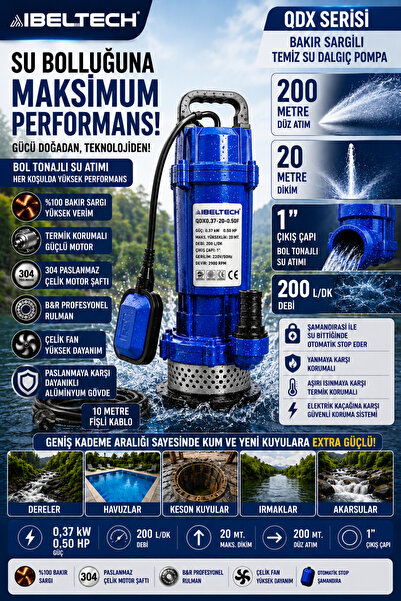 İBELTECH QDX SERİSİ BAKIR SARGILI ŞAMANDIRALI 0.50 Hp SU DALGIÇ POMPA 20MT Dİ...