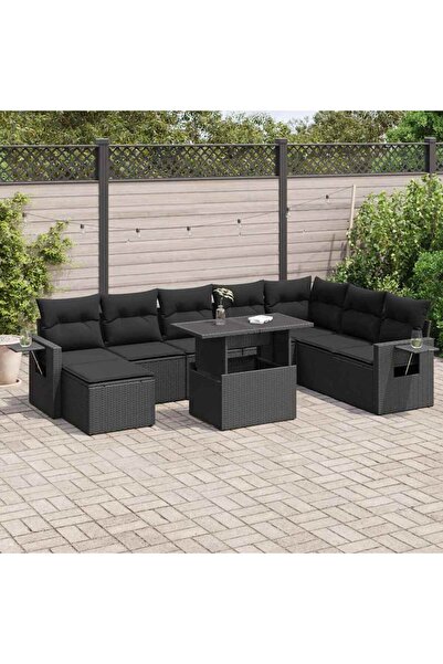vidaxl Set mobilier de gradina cu perne, 9 piese, negru, poliratan