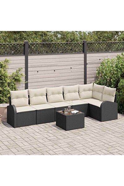 vidaxl Set de canapele pentru gradina cu perna 7 pcs Negru Rattan poli
