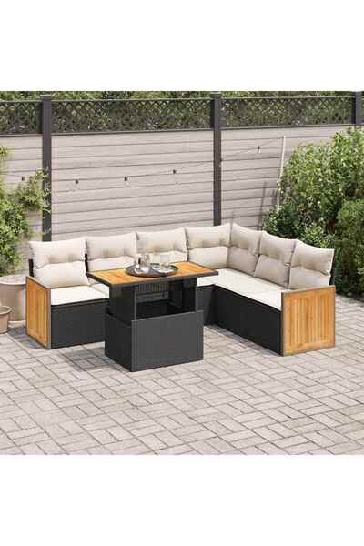 vidaxl Set canapele gradina perne 7 piese negru, poliratan/lemn acacia