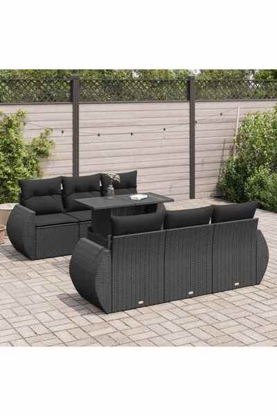 vidaxl Set canapele de gradina cu perne, 7 piese, negru, poliratan