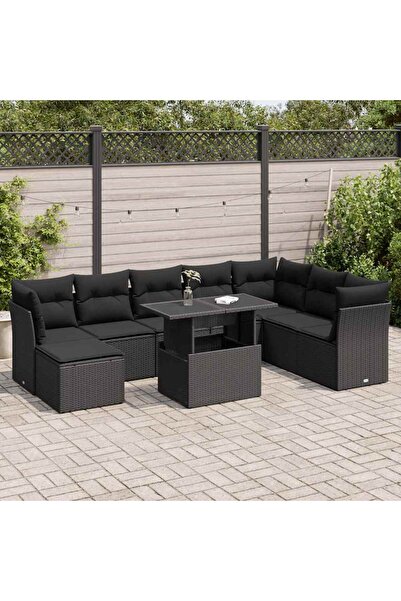 vidaxl Set mobilier de gradina cu perne, 9 piese, negru, poliratan