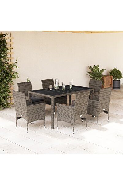 vidaxl Set mobilier de gradina cu perne 7 piese gri poliratan & sticla