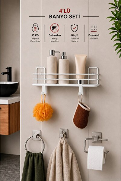 Sas Haus Banyo Düzenleyici Set 4 Parça Yapışkanlı Şampuanlık Tuvalet Kağıtlığ...