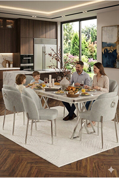 DEREN HOME Esla Gümüş Serisi 80x130 Mdf Sabit Masa Metal Ayak +6 Silinebilir ...