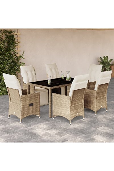 vidaxl Set bistro de gradina, 7 piese, cu perne, bej, poliratan