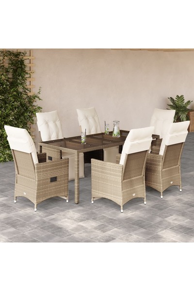 vidaxl Set bistro de gradina, 7 piese, cu perne, bej, poliratan