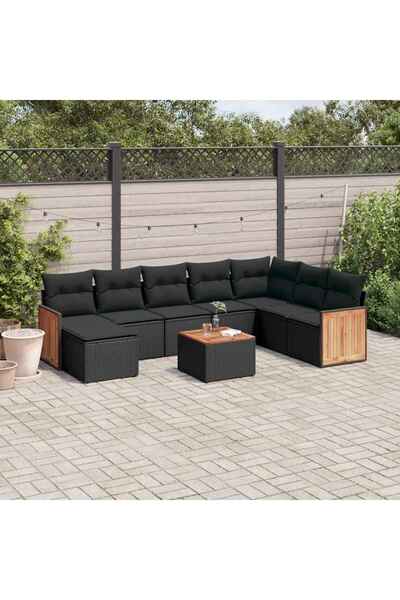 vidaxl Set mobilier de gradina cu perne, 9 piese, negru, poliratan