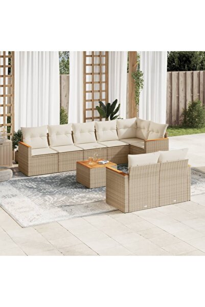 vidaxl Set canapele de gradina, 9 piese, cu perne, bej, poliratan
