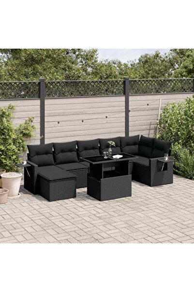 vidaxl Set mobilier de gradina cu perne, 8 piese, negru, poliratan