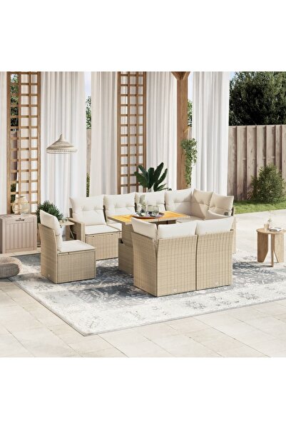 vidaxl Set canapele de gradina, 9 piese, cu perne, bej, poliratan
