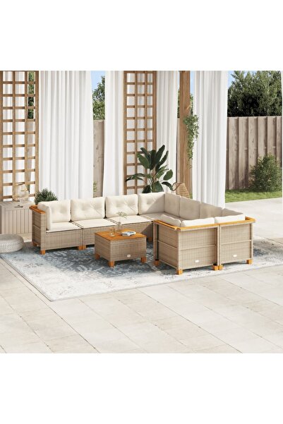 vidaxl Set canapele de gradina, 9 piese, cu perne, bej, poliratan