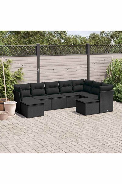 vidaxl Set mobilier de gradina cu perne, 9 piese, negru, poliratan