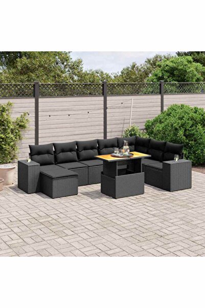 vidaxl Set mobilier de gradina cu perne, 9 piese, negru, poliratan