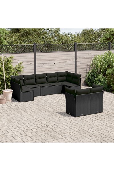 vidaxl Set mobilier de gradina cu perne, 9 piese, negru, poliratan
