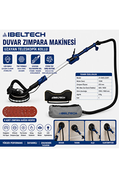 İBELTECH 710W Duvar Zımpara Makinesi Uzayan Teleskopik Kollu LED Işıklı Alçı ...