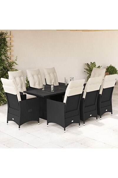 vidaxl Set mobilier de gradina cu perne, 9 piese, negru, poliratan