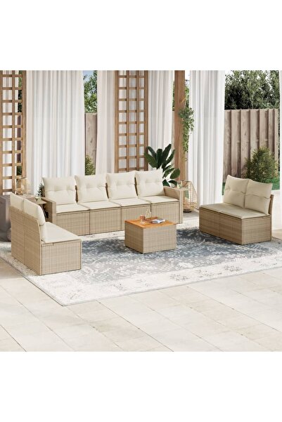 vidaxl Set canapele de gradina, 9 piese, cu perne, bej, poliratan