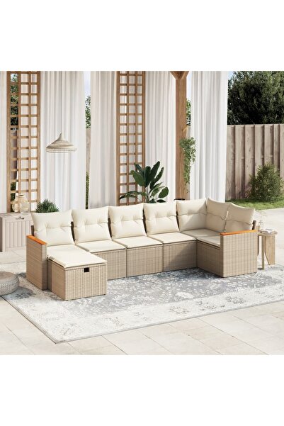 vidaxl Set canapele de gradina, 7 piese, cu perne, bej, poliratan