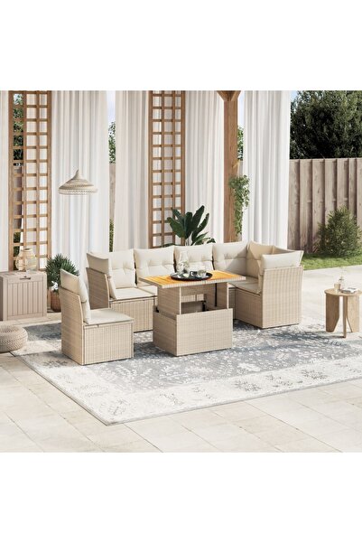 vidaxl Set canapele de gradina, 7 piese, cu perne, bej, poliratan