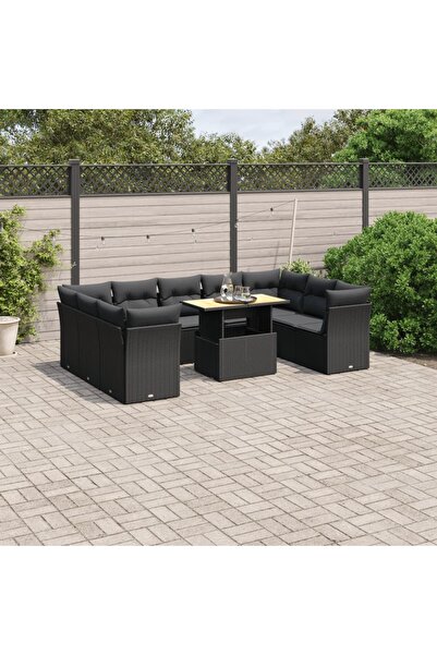 vidaxl Set canapele de gradina cu perne, 10 piese, negru, poliratan