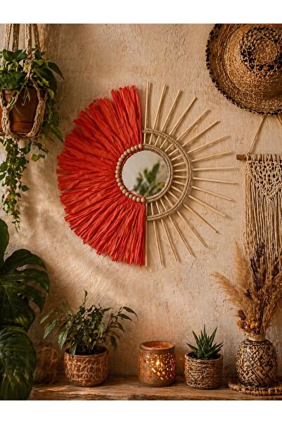 Home Bohem Handmade Dekoratif Aynalı Ahşap Boncuklu Tek Turuncu Doğal Rafya D...