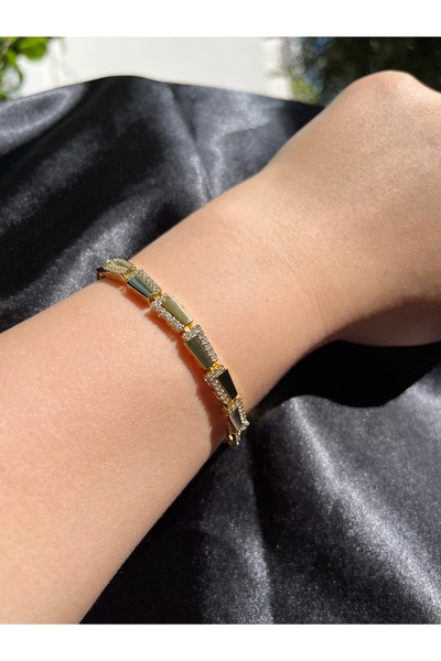 Kadın Gold Renk Baget Taşlı Çelik Bileklik | Kararma Yapmaz Modern Şık Tasarım - 14 K Kaplama