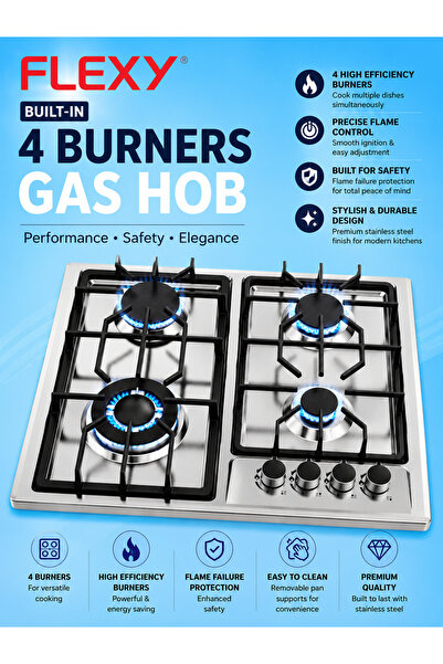 flexy Premium Built-in Stainless Steel Gas Hob – 4-Burner High-Efficiency Coo...