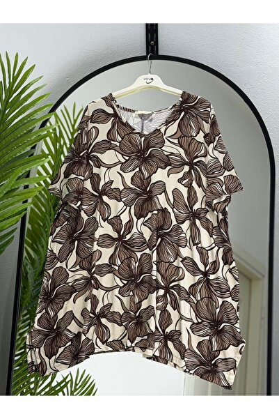ÖZNE BUTİK Women's 100% cotton v-neck short sleeve patterned jersey tunic