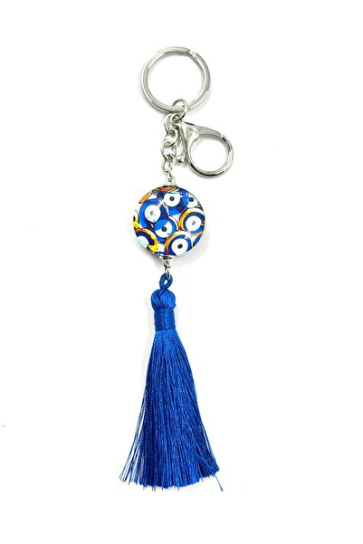 MD Moda Accessories Blue Tasseled Evil Eye Bead Patterned Keychain Bag Ornament