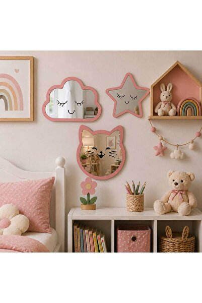 M.ART DEKORASYON Bulut Yıldız Kedi Mdf Pleksi Ayna Çocuk Odası Süsleri 3 Lü Set