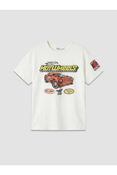 LC Waikiki White Crew Neck Hot Wheels Printed Boys' T-Shirt