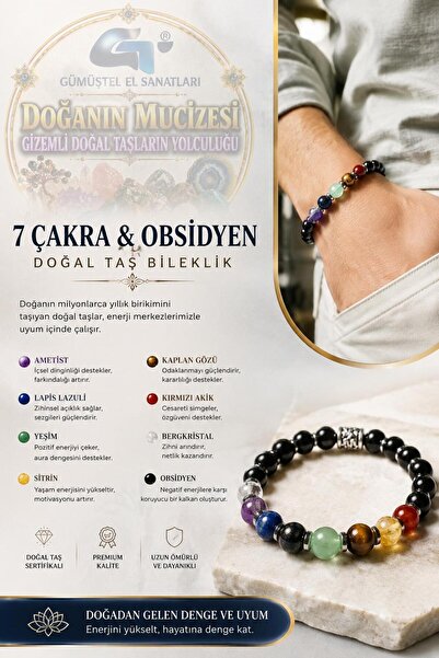 GÜMÜŞTEL EL SANATLARI Certified 7 Chakra & Obsidian Natural Stone Bracelet