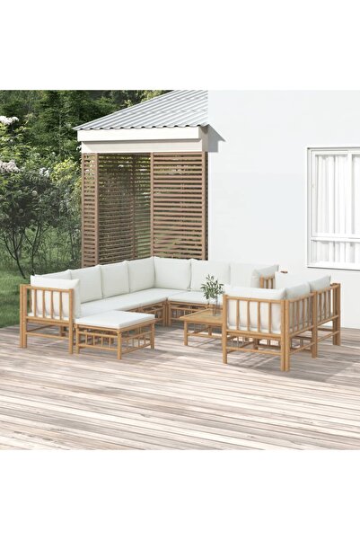 Concept Set mobilier de grădină, cu perne alb crem, 10 piese, bambus