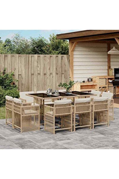 vidaxl Set mobilier de gradina cu perne, 11 piese, bej, poliratan