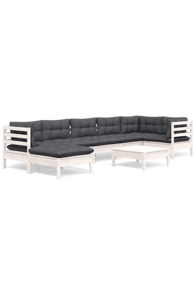 vidaxl Set mobilier de gradina cu perne, 8 piese, alb, lemn masiv pin