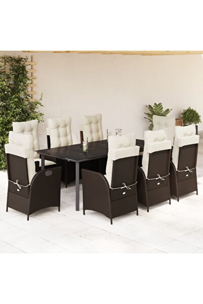 vidaxl Garden furniture set with cushions, 9 pieces, brown, polyrattan