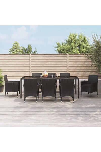 vidaxl Set mobilier de gradina cu perne, 9 piese, negru, poliratan