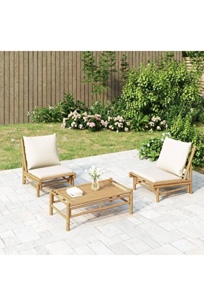 vidaxl Set mobilier de gradina, cu perne alb crem, 3 piese, bambus